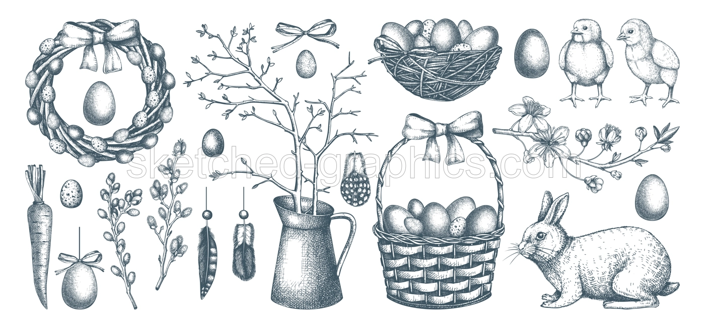 Collection of cute Easter characters and spring decor elements. Hand drawn bunnies, eggs, chickens, flowers and flowering trees isolated on white background. Vector illustrations. Holiday sketches Illustration